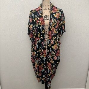 Xhilaration Bird Floral Print Kimono Black Multicolor Open Front Size XS/S